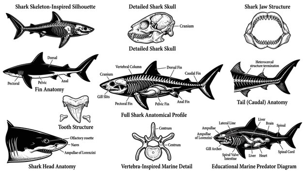 Shark Anatomical Diagrams with Skeletal and Internal Structure Profiles. Educati