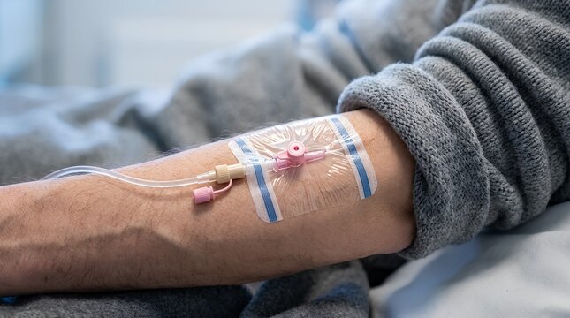 IV Cannula Catheter Inserted into Patient Arm in Hospital Bed Medical Treatment Close Up