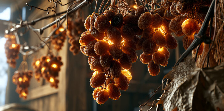 Cozy cellar filled with dusty oak barrels and glowing clusters of ripening grapes