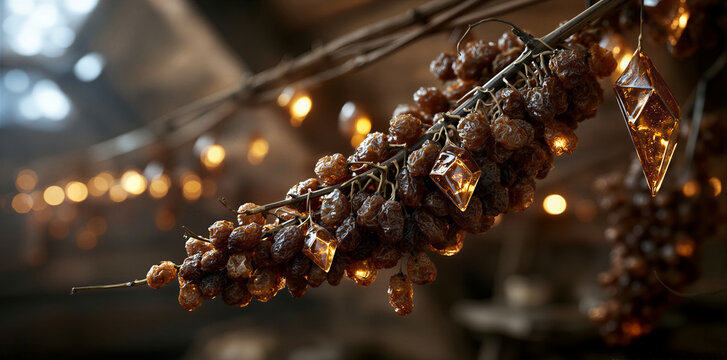 Ornamented grape garland with sparkling accents hanging across rustic wooden beam