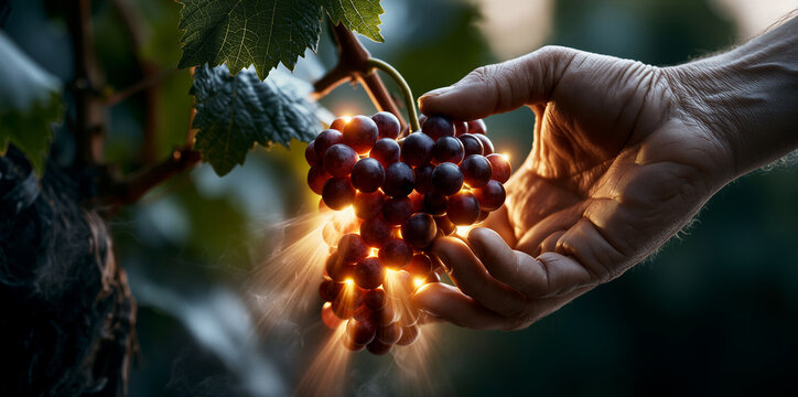 Dawn grape harvest. Vintner begins handpicking glowing grapes at daybreak with precision