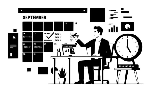 Businessman managing daily tasks and checking schedule on large calendar at office desk vector