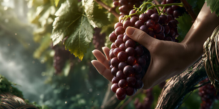 Detailed portrayal of hands holding ripe grapes amid warm sunlight and rustic ambiance
