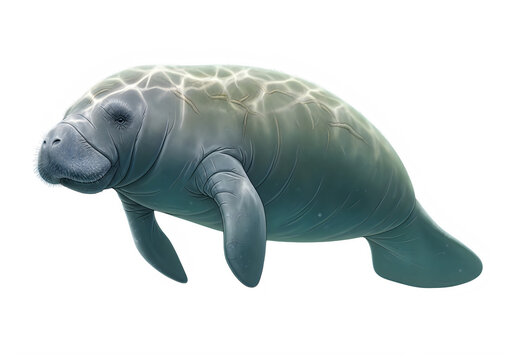 A gentle grey manatee swimming in the water isolated on transparent background, isolated on white background