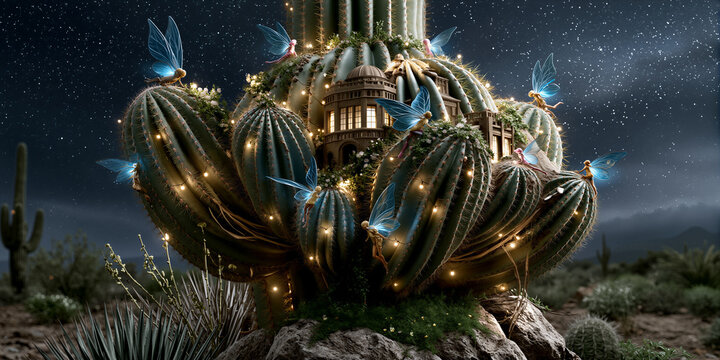 Community gathers around glowing decorations and fluttering wings beneath starry desert canopy