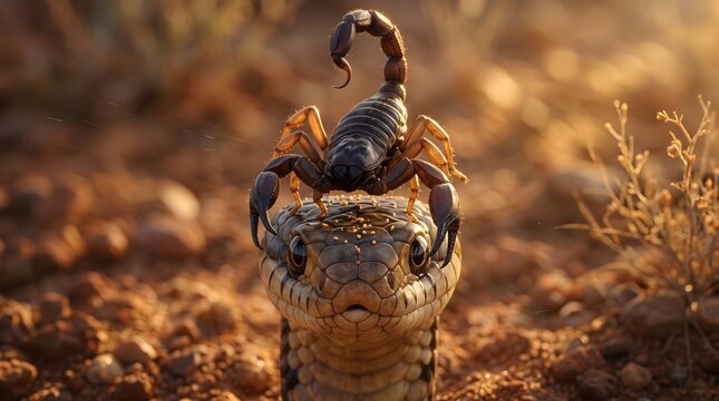 Close up shot of a scorpion perched on top of a snake head with depicts scorpion standing head snake desert environment