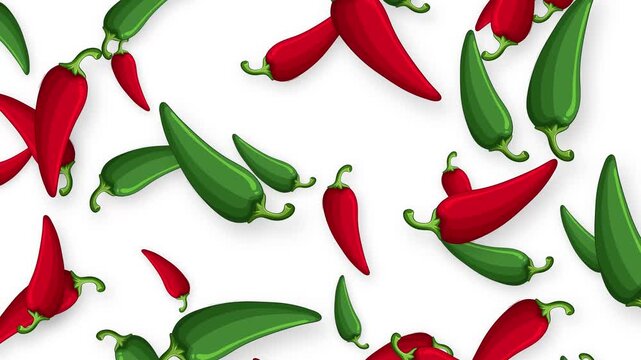 Falling Red and Green Chili Peppers Animation on White Background