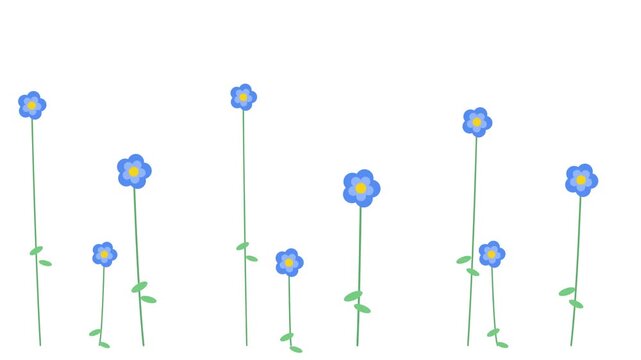 Minimalist hand drawn blue flowers border pattern isolated against plain white background