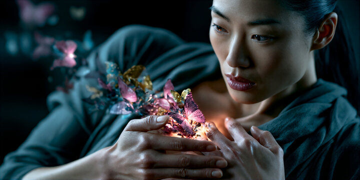 Serene lady with radiant insects. Tranquil female holding luminous butterflies during night