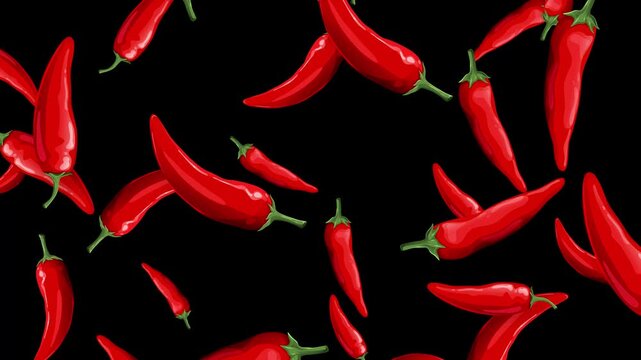 Red Chili Peppers Falling Against a Solid Black Background
