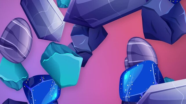 Falling Mixed Crystals and Gemstones Animation on Pink Mesh Background