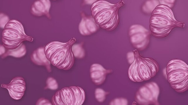 Falling Garlic Bulbs Animation on a Purple Mesh Background