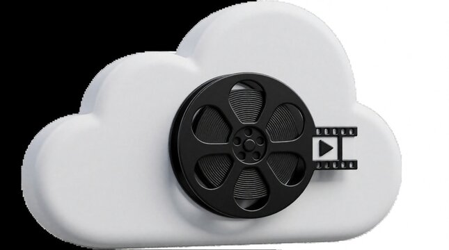 3D white cloud icon with film reel overlay. Represents digital media, video storage, online streaming, and movie archives. Modern concept for content platforms.
