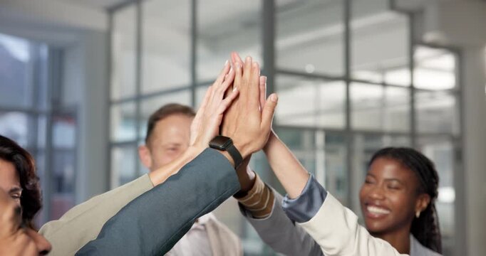 Team, high five and hands of business people in office for solidarity, achievement and support. Corporate, professional and workers in huddle for meeting, company success and goals for collaboration