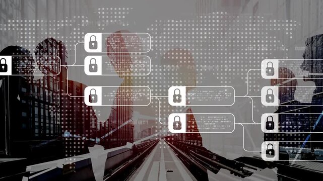 Blockchain structure showing distributed data blocks linked with encryption, representing secure transaction verification, decentralized control, and immutable record system Marrow