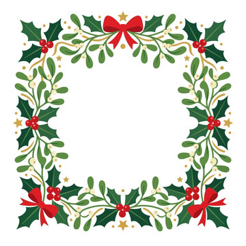 Square Christmas frame with holly berries and mistletoe for holiday greeting card decoration