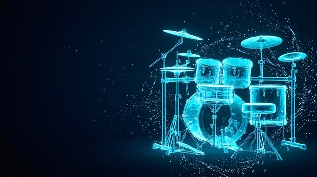 Digital wireframe illustration of a drum kit consisting of snare toms bass drum and cymbals glowing in blue on a dark background percussion instrument performance