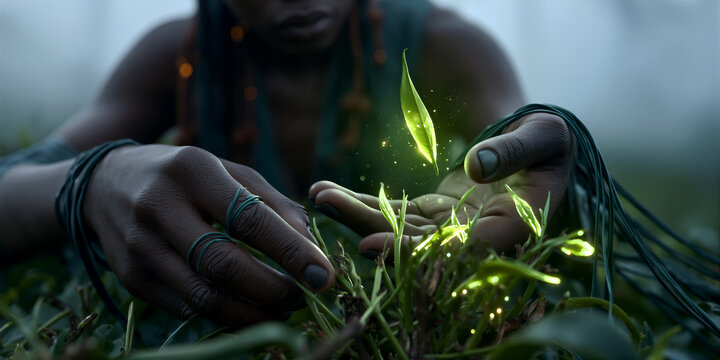 Tending luminous plants in forest. Focused individual nurturing tiny bioluminescent sprouts