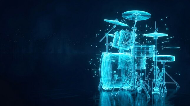 Abstract blue light digital wireframe of a complete drum kit instrument on a dark background with percussion instrument performance wireframe technology abstract
