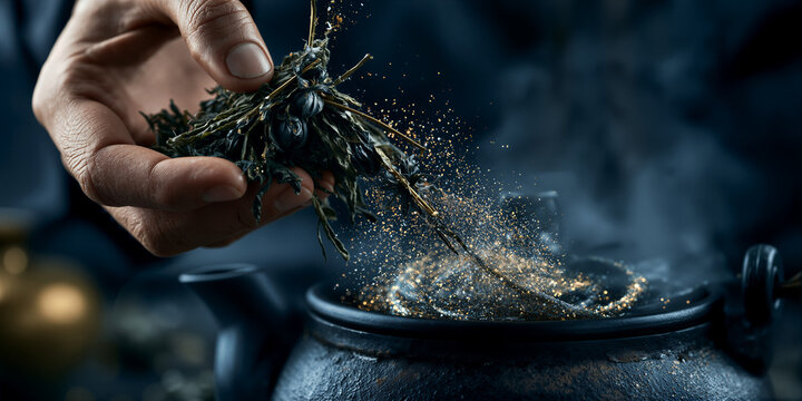 Enchanting herbs dispersing in swirling patterns fill scene with mysterious magical energy