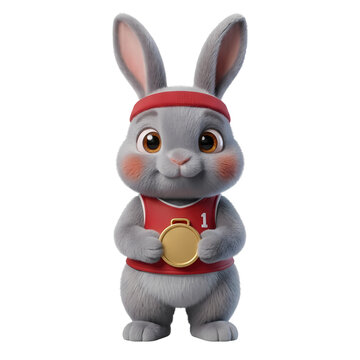 Cute 3D soft grey bunny rabbit character dressed as an athlete holding a gold medal isolated on white background