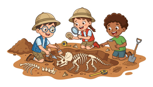 Kids paleontologists digging up dinosaur fossils in the ground