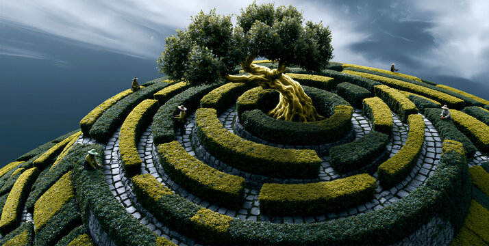 Golden tree within circular hedge maze highlighted by sunlight and lush greenery