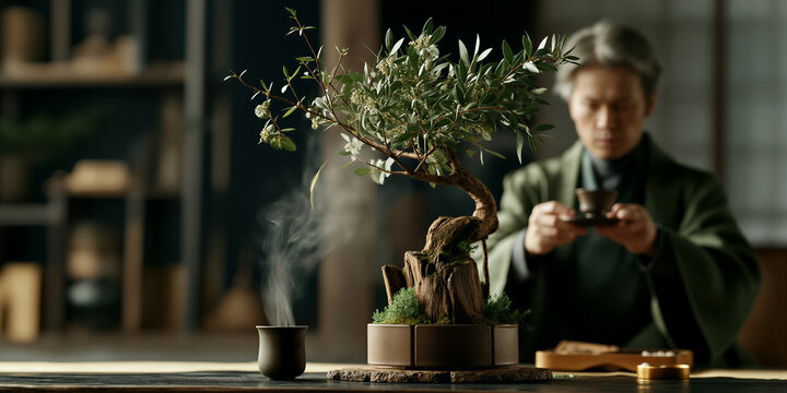 Calm activity involving elderly person tending intimate bonsai and preparing warm beverage