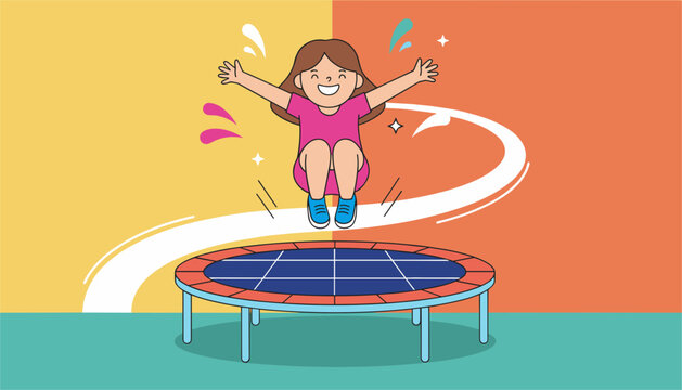 Happy young girl in a pink shirt jumps high into the air on a backyard mini trampoline with open arms.
