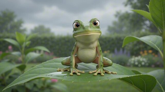 Green cartoon frog sits gracefully on a wet broad leaf during heavy rainfall in this expressive 3d digital animation video