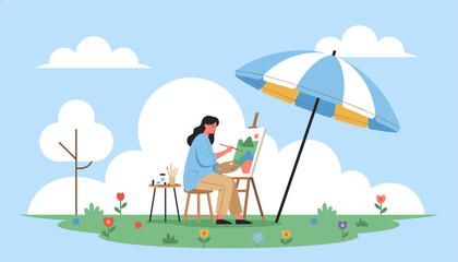 Fototapeta premium Young woman sitting under a striped beach umbrella paints a beautiful mountain landscape on her canvas in a grassy field.