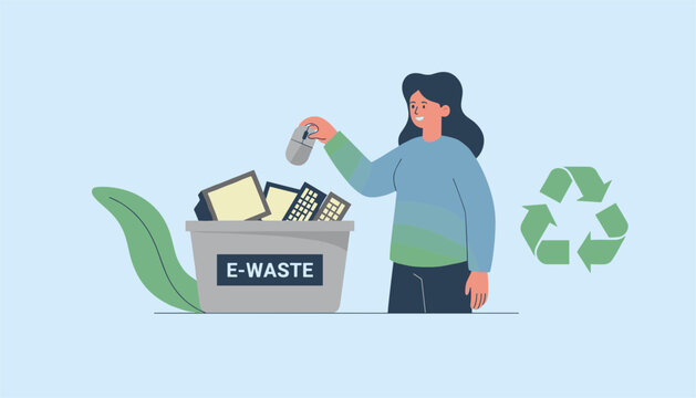 Smiling woman responsibly drops an old computer mouse into a grey recycling bin filled with various electronic waste.