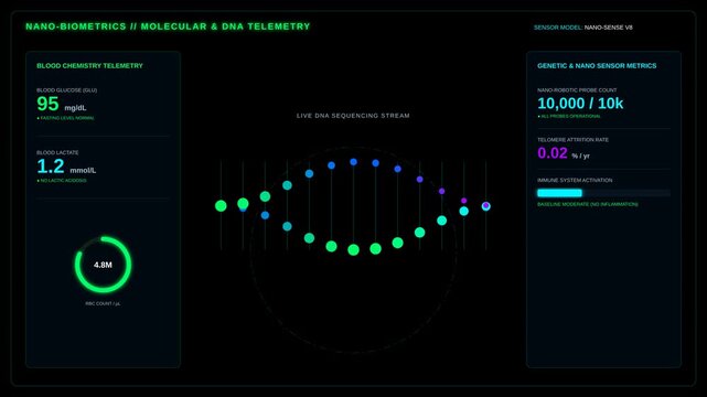 Futuristic Nano Biometrics DNA Sequencing Interface Displaying Biological Health Data Metrics