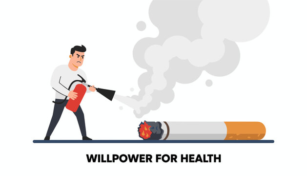 Determined man using a fire extinguisher to put out a giant burning cigarette to represent willpower for health.
