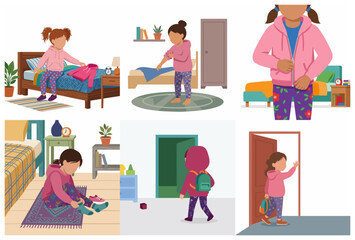 Fototapeta premium Little Girl Getting Ready for School Morning Routine Illustration Set