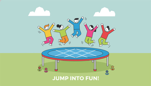 Group of five happy children jumping high on a large backyard trampoline with the motivational text jump into fun.