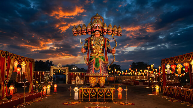 Large Ravana effigy at sunset for Dussehra festival.