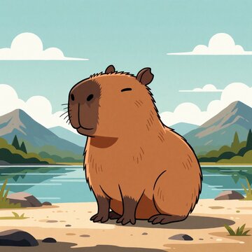 Cartoon capybara sits on beach near calm lake. Mountains and trees form background. Fluffy mammal has happy relaxed expression in cute nature scene.