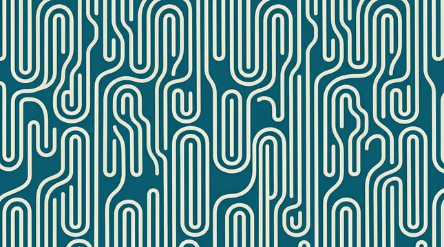 Abstract Labyrinth Pattern Seamless Teal Background Cream Minimalist Maze Line Art Vector Texture