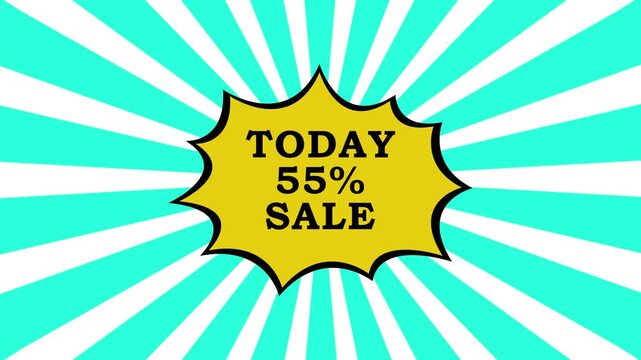 Comic-style sale badge with yellow starburst and black outline reading 'TODAY 55% SALE' on blue and white radial rays