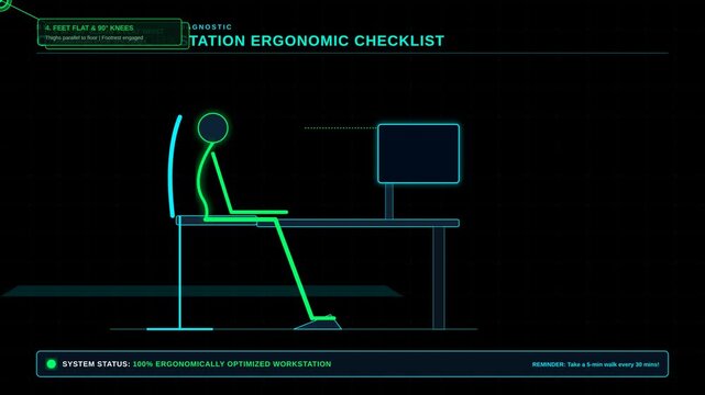 Complete Workstation Ergonomic Checklist UI Animation Showing Proper Seated Computer Posture Guide