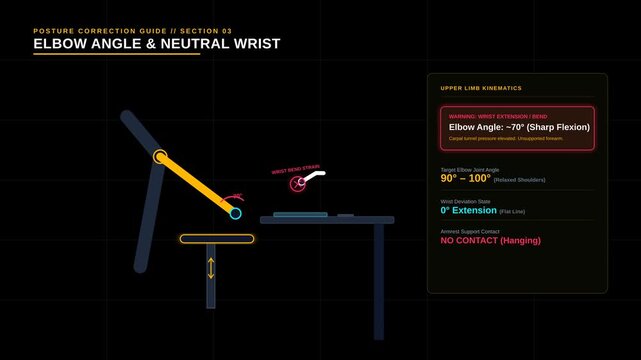 Ergonomic Desk Posture Guide Showing Correct Elbow Angle and Neutral Wrist Position for Work Safety