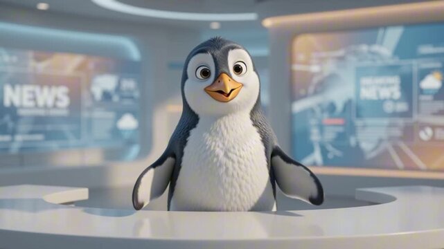 Cheerful cartoon penguin anchor presents daily weather updates in this dynamic digital broadcast studio motion video clip animation project