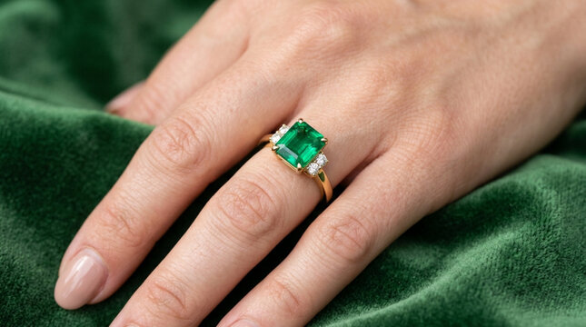 Emerald engagement ring on woman's hand, luxury gemstone jewelry, green velvet background