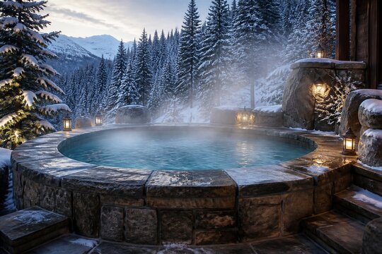 Outdoor stone hot tub steaming at snowy mountain lodge
