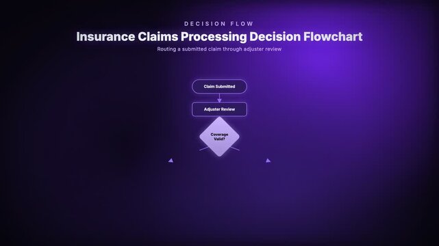 Animated insurance claims processing decision flowchart routing a submitted claim through adjuster review