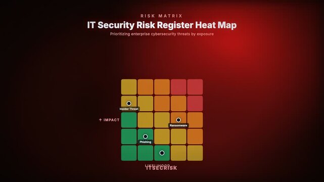 Animated IT security risk register heat map prioritizing enterprise cybersecurity threats by exposure level