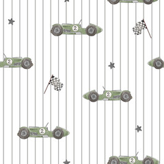 Naklejka premium Vintage Green Racing Car Seamless Pattern with Checkered Flags and Stripes