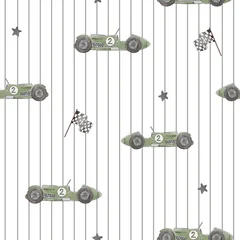 Vintage Green Racing Car Seamless Pattern with Checkered Flags and Stripes © Zenina-Lembrik
