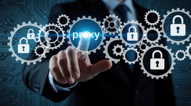 Businessman finger touches virtual proxy server button on digital interface. Cyber security concept with gear icons, padlock symbols for data protection. Man manages internet privacy, network